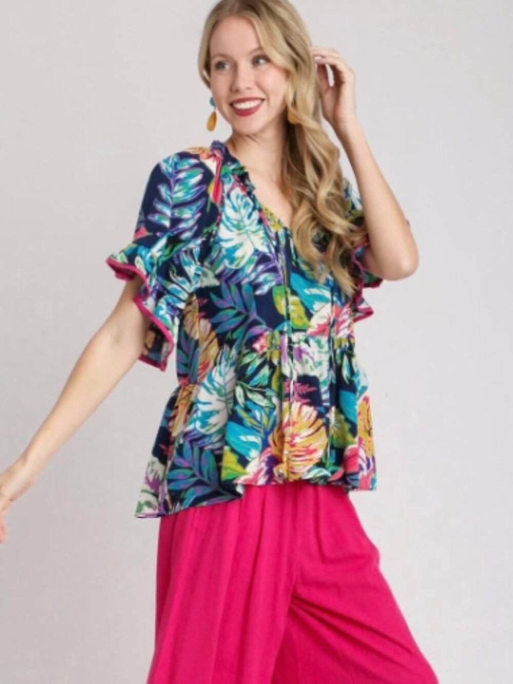 Umgee Tropical Floral Print Boho Oversized Sheer Blouse Tiered Resortwear Sz XL
